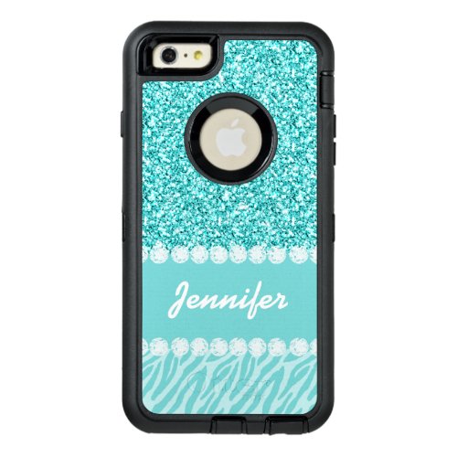 Girly Teal Glitter Zebra Stripes Personalized OtterBox Defender iPhone Case