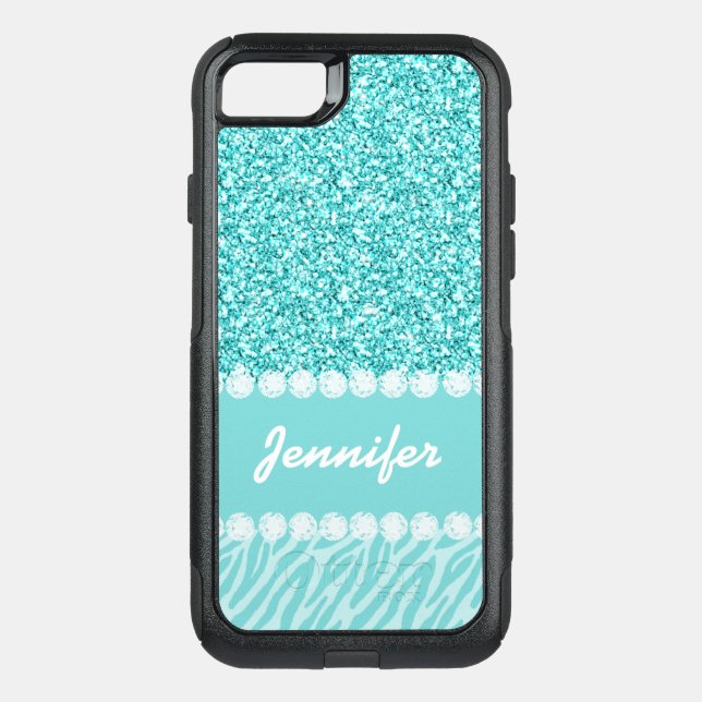 Girly, Teal Glitter, Zebra Stripes Personalized Otterbox iPhone Case (Back)