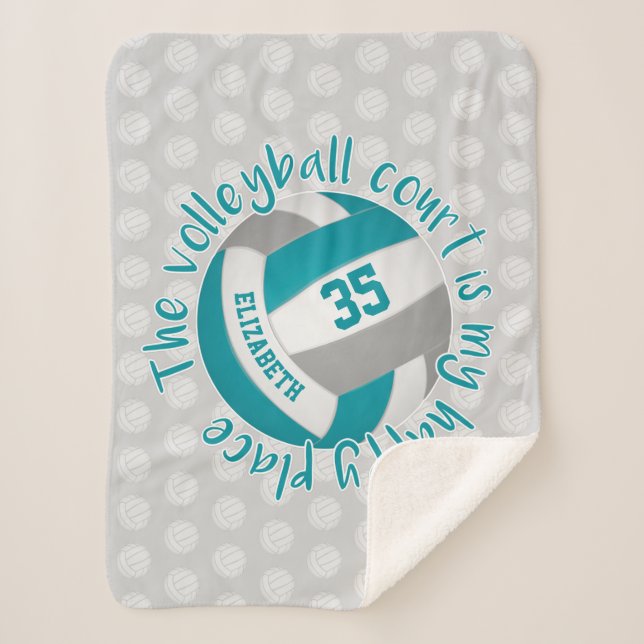 girly teal gray volleyball court my happy place sherpa blanket (Front)