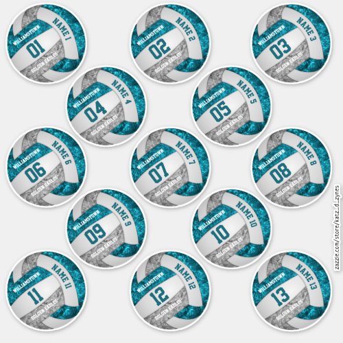girly teal gray volleyball player names set of 13 sticker