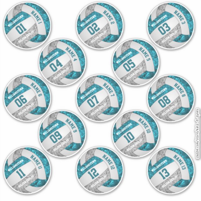 girly teal gray volleyball player names set of 13 sticker (Front)