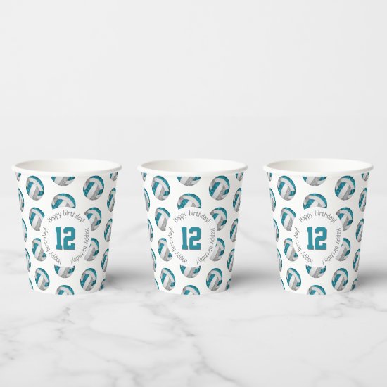 girly teal gray volleyballs birthday party paper cups