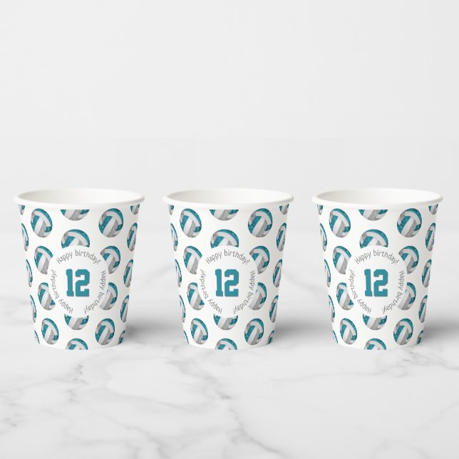 girly teal gray volleyballs birthday party paper cups (Multi)