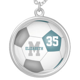 girly teal gray white personalized soccer silver plated necklace