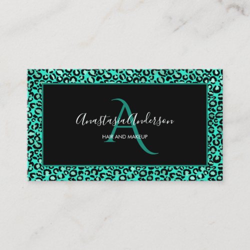 Girly Teal Green Leopard Spots Chic Black Monogram Business Card