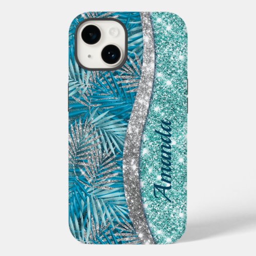 Girly teal green silver glitter leaves monogram Case_Mate iPhone 14 case