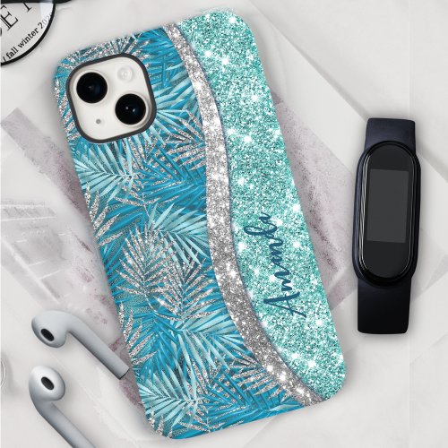 Girly teal green silver glitter leaves monogram iPhone 15 case