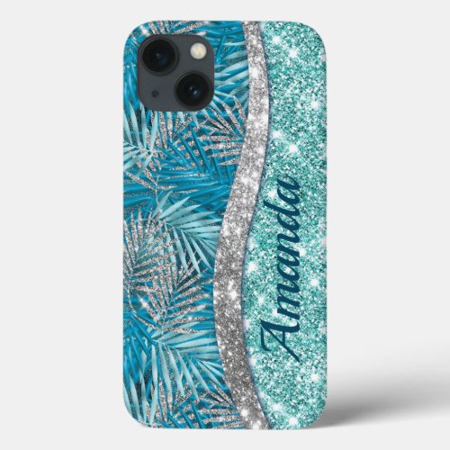 Girly teal green silver glitter leaves monogram iPhone 13 case