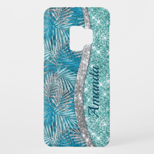 Girly teal green silver glitter leaves monogram Case_Mate samsung galaxy s9 case