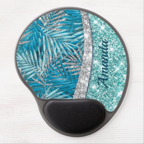 Girly teal green silver glitter leaves monogram gel mouse pad