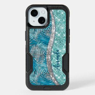 Girly teal green silver glitter leaves monogram iPhone 15 case