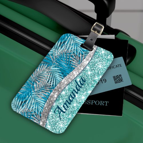 Girly teal green silver glitter leaves monogram luggage tag