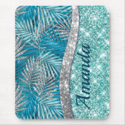 Girly teal green silver glitter leaves monogram mouse pad