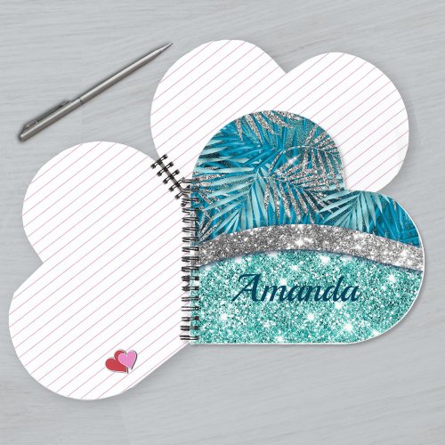Girly teal green silver glitter leaves monogram no notebook
