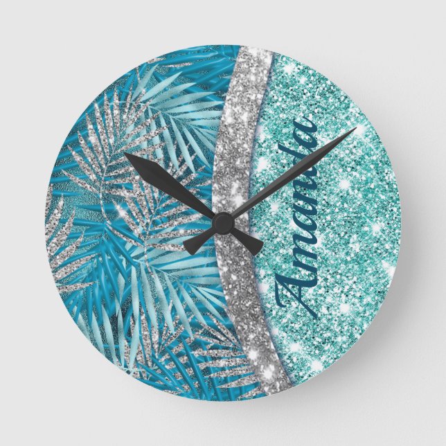 Girly teal green silver glitter leaves monogram round clock (Front)