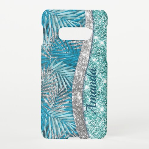 Girly teal green silver glitter leaves monogram samsung galaxy S10E case