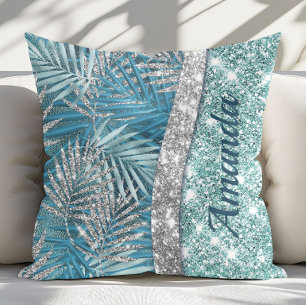 Girly teal green silver glitter leaves Monogram Throw Pillow