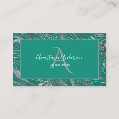 Girly Teal Green Silver Marble Glitter Monogram Business Card