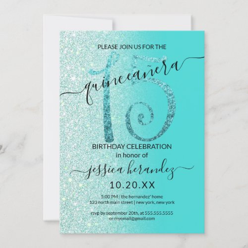 Girly Teal Mint Green Glitter Ombre Quinceaera Invitation