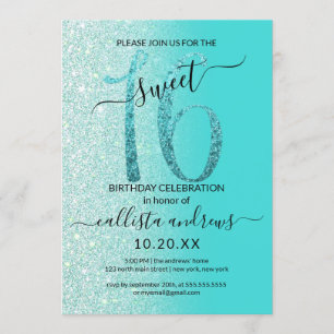 Girly Teal Mint Green Glitter Ombre Sweet 16 Invitation