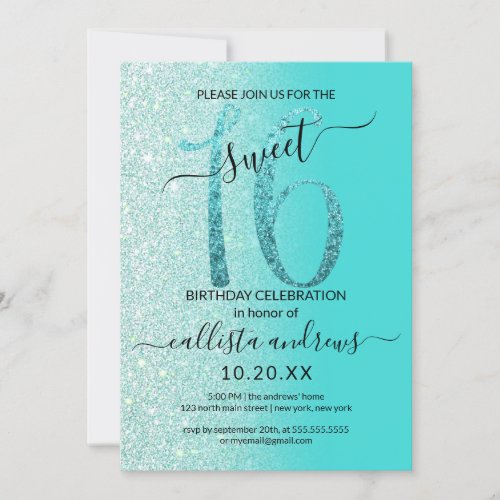 Girly Teal Mint Green Glitter Ombre Sweet 16 Invitation