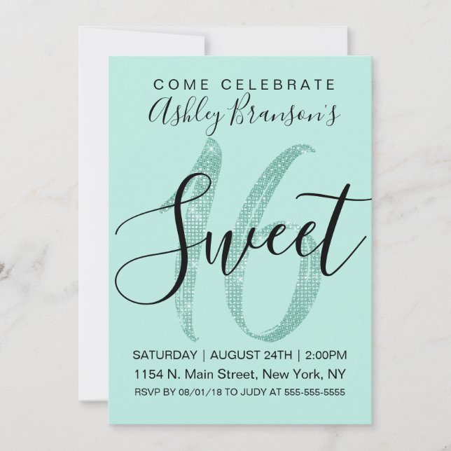 Girly Teal Mint Green Sequin Glitter Sweet 16  Invitation (Front)