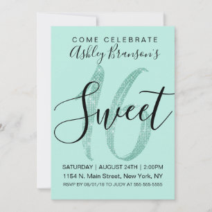 Girly Teal Mint Green Sequin Glitter Sweet 16 Invitation