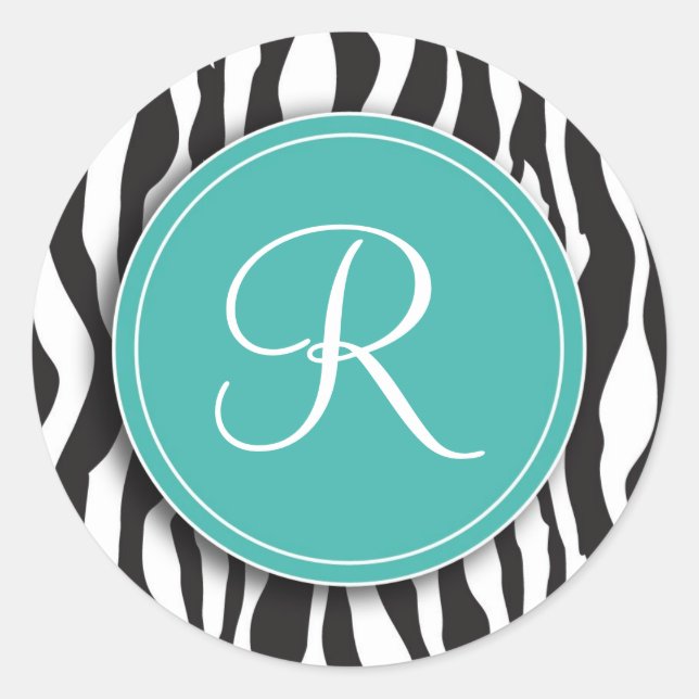 Girly Teal Monogram Zebra Print Stickers (Front)