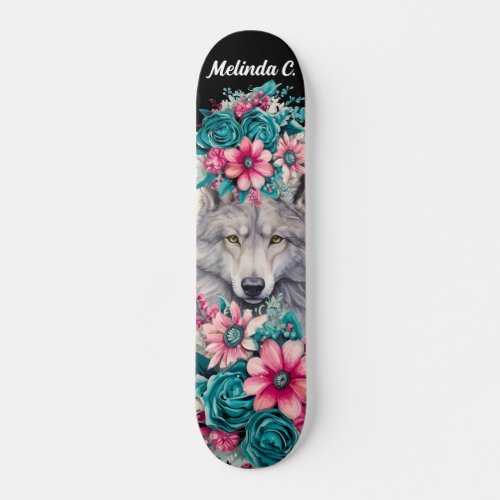 Girly Teal  Pink Floral Wolf Head Skate Deck