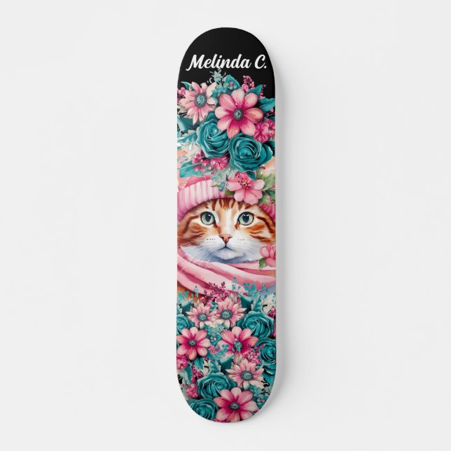 Girly Teal & Pink Flowers Christmas Kitten Skateboard (Front)
