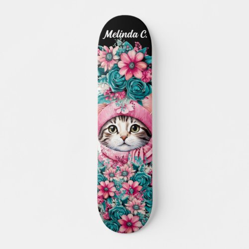 Girly Teal  Pink Flowers Christmas Kitten Skateboard