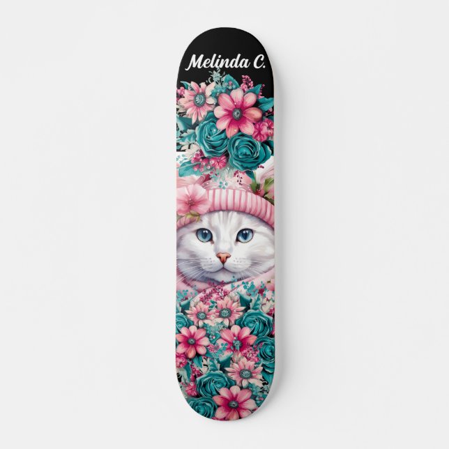 Girly Teal & Pink Flowers Christmas Kitten Skateboard (Front)