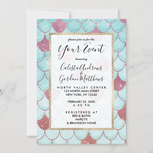 Girly Teal Pink Glitter Watercolor Mermaid Scales Invitation
