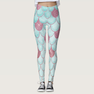 Girly Teal Pink Glitter Watercolor Mermaid Scales Leggings