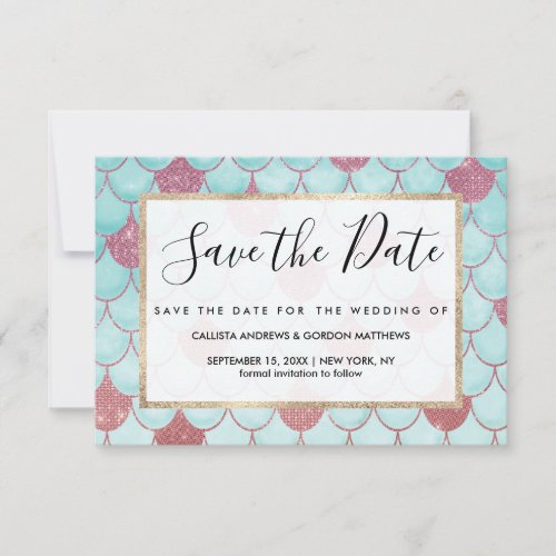 Girly Teal Pink Glitter Watercolor Mermaid Scales Save The Date