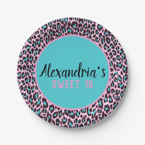 Girly TealPink Leopard Print Sweet 16 Paper Plate