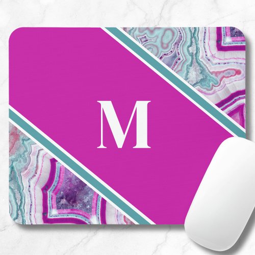 Girly Teal Purple Agate Stone Initial Monogram Mouse Pad