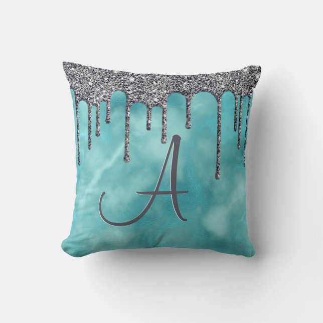 Girly Teal Silver Sparkle Glitter Drip Monogram Throw Pillow (Front)