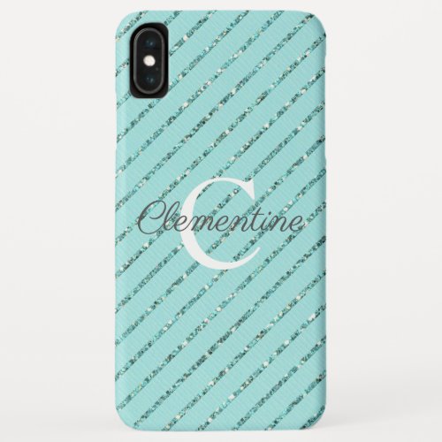 Girly Teal Turqoise Glitter Stripes Monogram iPhone XS Max Case