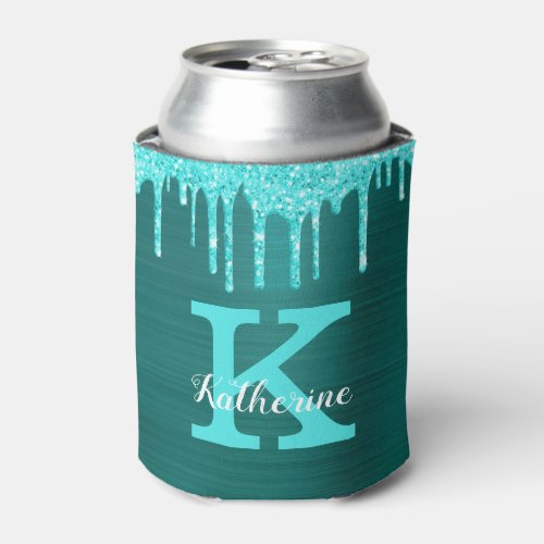 Girly Teal Turquoise Glitter Drips Monogram Name Can Cooler