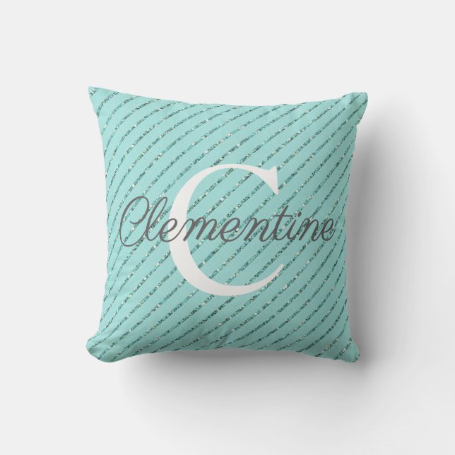 Girly Teal Turquoise Glitter Stripes Monogram Throw Pillow (Front)
