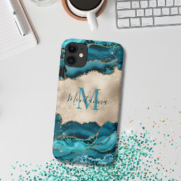 Girly Teal Turquoise &amp; Gold Agate Stone Monogram iPhone 11 Case