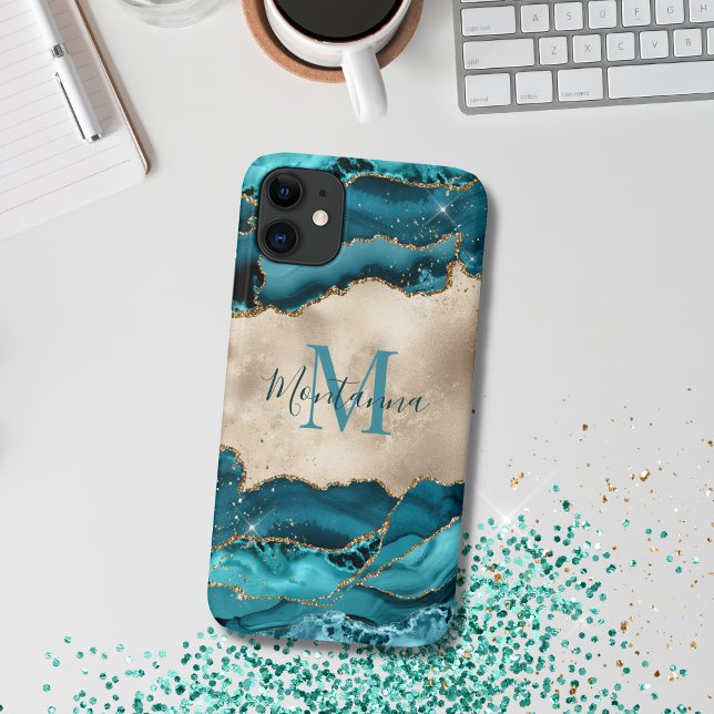Girly Teal Turquoise & Gold Agate Stone Monogram Case-Mate iPhone Case (Teal agate phone cover)