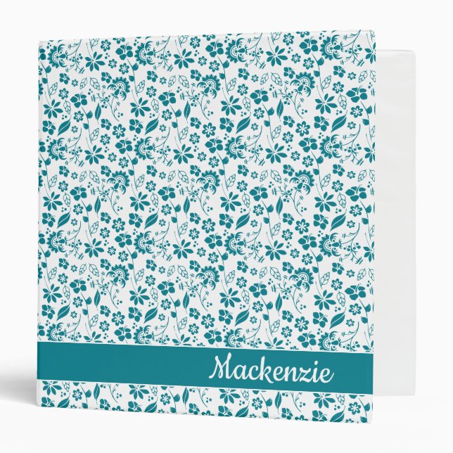 Girly Teal Turquoise Tropical Flowers 3 Ring Binder (Front/Inside)