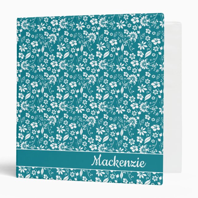 Girly Teal Turquoise Tropical Flowers 3 Ring Binder (Front/Inside)