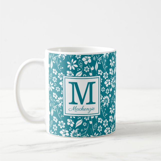 Girly Teal Turquoise Tropical Flowers Monogram Coffee Mug (Left)