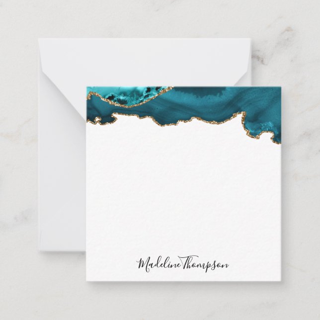 Girly Teal Velvet Agate Geode Script Square 2 Note Card (Front)