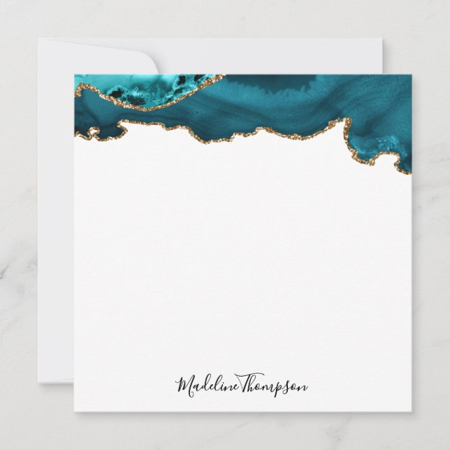 Girly Teal Velvet Agate Geode Script Square Note Card (Front)