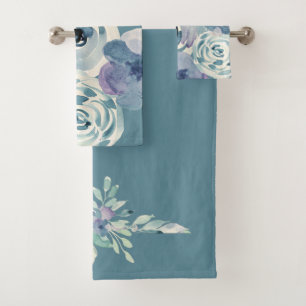 Girly Teal Watercolor Floral Bath Towel Set