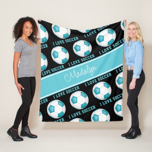 girly teal white I love soccer text pattern Fleece Blanket